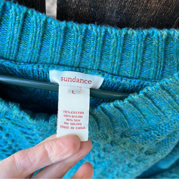 Sundance Cotton Silk Blend Teal & Green Marled Textured Knit Sweater Sz L - Picture 3 of 11